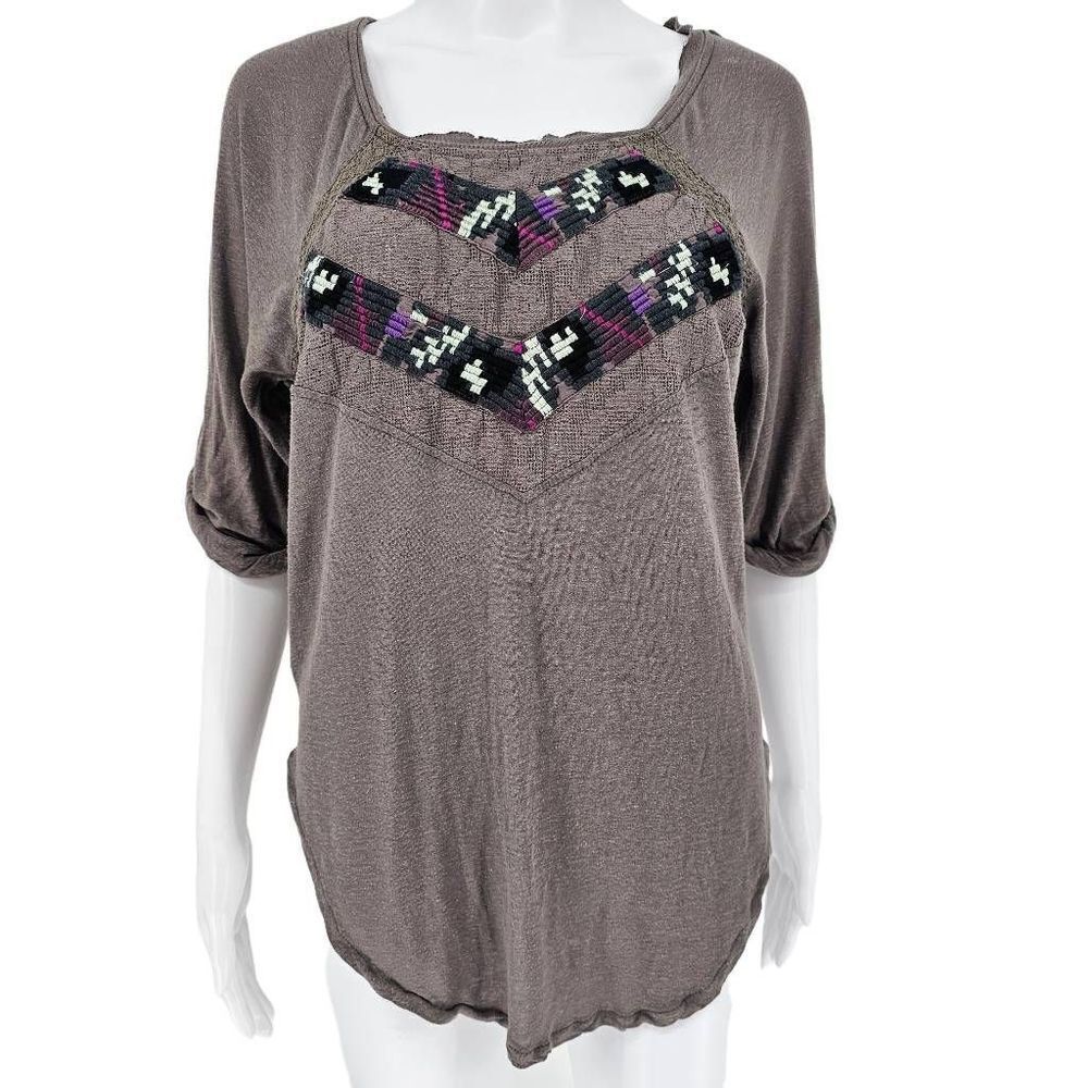 Free People Chevron Lace Blouse Top Taupe XS